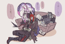 Rule 34 | 1girl, 2boys, animal ears, arknights, book, boots, controller, couch, furry, furry male, game controller, highres, horns, jacket, jewelry, koryuu (gackter10), legs together, long hair, lying, manticore (arknights), mole, mole under eye, multiple boys, necklace, on side, purple eyes, purple hair, red eyes, red hair, scorpion tail, sesa (arknights), sitting, spot (arknights), tail, translation request, twintails, white legwear
