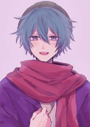 Rule 34 | 1boy, :d, aqua eyes, aqua hair, beanie, blush, green hat, hair between eyes, hand on own chest, hat, hiyori sou, jacket, kimi ga shine, looking at viewer, male focus, open clothes, open jacket, open mouth, portrait, purple jacket, red scarf, scarf, simple background, smile, solo, straight-on, uououoon