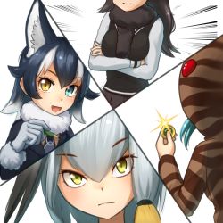 Rule 34 | 10s, 4girls, :d, black hair, blue eyes, coin, commentary request, crossed arms, emphasis lines, fur collar, glint, gloves, green eyes, grey gloves, grey hair, grey wolf (kemono friends), hair between eyes, head tilt, heterochromia, holding, holding coin, hood, hoodie, japari coin, kemono friends, looking at viewer, lowres, moose (kemono friends), multicolored hair, multiple girls, open mouth, pencil, shoebill (kemono friends), simple background, smile, streaked hair, striped clothes, striped hoodie, transparent background, tsuchinoko (kemono friends), two-tone hair, welt (kinsei koutenkyoku), white background, white hair, yellow eyes