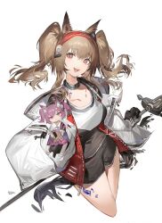 Rule 34 | angelina (arknights), animal ear fluff, animal ears, arknights, black gloves, boxing shorts, breasts, brown hair, choker, collarbone, gloves, headband, highres, holding, holding staff, infection monitor (arknights), jacket, looking at viewer, material growth, medium breasts, medium hair, open mouth, oripathy lesion (arknights), purple hair, red eyes, red headband, shamare (arknights), shorts, staff, tail, teeth, twintails, user dmzk8883, zipper pull tab