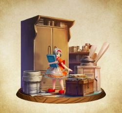 Rule 34 | 1girl, apron, blunt bangs, blush, bob cut, book, bow, cabinet, doll, doll joints, dress, faux figurine, frilled dress, frills, haguruma rapt, hairband, highres, holding, holding book, jar, joints, livee, looking to the side, mary janes, mini person, minigirl, open mouth, original, reaching, shoes, short hair, silver hair, smile, solo