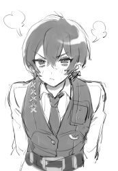 Rule 34 | 1boy, annoyed, belt, blush, closed mouth, collared shirt, commentary, greyscale, highres, limbus company, long sleeves, looking at viewer, monochrome, necktie, pout, project moon, puff of air, shirt, sketch, solo, uchimura (rino0525), vest, yi sang (project moon)