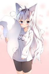 Rule 34 | 1girl, absurdres, ahoge, animal ear fluff, animal ears, bike shorts, black shorts, blush, breasts, clothes writing, commentary request, fox ears, fox girl, fox tail, grey eyes, hair between eyes, hair intakes, highres, hugging own tail, hugging tail, long hair, long sleeves, looking at viewer, original, parted lips, ping myu ring (tandohark), pink background, shirt, short shorts, shorts, simple background, sleeves past wrists, small breasts, solo, tail, tandohark, very long hair, white hair, white shirt