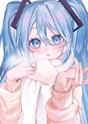 Rule 34 | 1girl, blue eyes, blue hair, blush, breath, hair ornament, hanayoi mishiro, hatsune miku, highres, long hair, long sleeves, looking at viewer, open mouth, scarf, solo, twintails, upper body, vocaloid