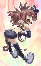 Rule 34 | 00s, 1girl, :d, ankle boots, armor, armored boots, ass, bare shoulders, black gloves, black thighhighs, boots, brown eyes, brown hair, cat tail, disgaea, etna (disgaea), from behind, gloves, makai senki disgaea, open mouth, pointy ears, smile, solo, spiked hair, tail, thighhighs, v, you2