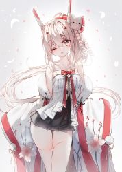 Rule 34 | 1girl, alternate costume, ayanami (azur lane), ayanami (pulse of the new year) (azur lane), azur lane, bare shoulders, blush, bow, breasts, brown eyes, commentary request, fur-trimmed sleeves, fur trim, gradient background, grey background, hair between eyes, hair bow, hair ornament, head tilt, headgear, high ponytail, highres, japanese clothes, long hair, looking at viewer, mask, mask on head, one eye closed, parted lips, petals, ponytail, red bow, retrofit (azur lane), skirt, sleeves past fingers, sleeves past wrists, solo, sparkle, tandohark, thigh gap, thighhighs, very long hair, white background, white hair, white thighhighs, wide sleeves