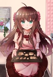 Rule 34 | ahoge, apron, blush, braid, breasts, brown hair, brown skirt, chibi, chibi inset, closed mouth, commentary request, cookie, eyelashes, eyes visible through hair, flower, food, frilled apron, frilled skirt, frills, gloves, green eyes, hair between eyes, hair flower, hair ornament, highres, holding, holding tray, indoors, kanbe kotori, kurage (kurage19), large breasts, long hair, looking at viewer, mittens, pink apron, pink gloves, rewrite, short sleeves, sidelocks, skirt, smile, standing, straight-on, sunflower, sunflower hair ornament, tennouji kotarou, tray, twin braids, very long hair, wavy hair, window