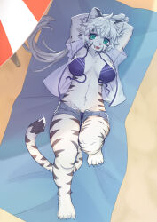 Rule 34 | 1girl, ahoge, animal ears, animal nose, beach, beach towel, beach umbrella, bikini, bikini under clothes, black fur, blue bikini, blue shorts, body fur, breasts, breasts apart, claws, fangs, from above, full body, furry, furry female, green eyes, hanadaiteol, highres, large breasts, long hair, looking at viewer, lying, on back, open mouth, original, outdoors, sand, short shorts, shorts, solo, swimsuit, tail, thighs, tiger ears, tiger girl, tiger tail, towel, two-tone fur, umbrella, untied bikini, white fur, white hair