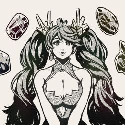 Rule 34 | 1girl, akairiot, bare shoulders, breasts, cleavage, de la fille, earrings, gem, granblue fantasy, greyscale, halftone, highres, jewelry, large breasts, long hair, looking at viewer, monochrome, original, outline, parted lips, single earring, smile, solo, twintails, upper body, very long hair, white background, white outline