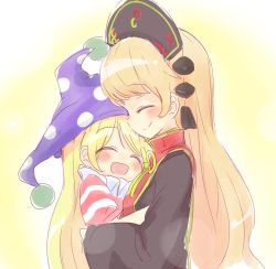 Rule 34 | 2girls, black hat, blonde hair, blush, closed eyes, clownpiece, commentary request, facing another, hat, jester cap, junko (touhou), kumamoto (bbtonhk2), long hair, long sleeves, multiple girls, one-hour drawing challenge, purple hat, ribbon, short sleeves, sketch, smile, striped, touhou, yellow ribbon