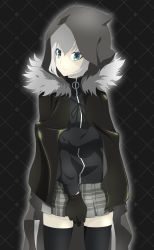 Rule 34 | 1girl, absurdres, black background, black cape, black cardigan, black gloves, black ribbon, black thighhighs, blue eyes, cape, cardigan, closed mouth, cowboy shot, fate (series), gloves, gray (fate), grey skirt, hair between eyes, highres, hood, hood up, hooded, long sleeves, looking at viewer, lord el-melloi ii case files, miniskirt, neck ribbon, plaid, plaid skirt, pleated skirt, ribbon, short hair, silver hair, skirt, smile, solo, standing, thighhighs, user smgj5887, zettai ryouiki