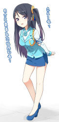 Rule 34 | 1girl, :d, arm behind back, arm grab, armband, black hair, blue flower, blue footwear, blue rose, blue skirt, blue vest, blush, commentary request, flower, hair ornament, hatsunatsu, head tilt, high heels, highres, krt girls, leaning forward, long hair, long sleeves, looking at viewer, open mouth, pencil skirt, purple eyes, rose, shirt, shoes, side ponytail, skirt, smile, solo, standing, standing on one leg, tile floor, tiles, translation request, very long hair, vest, white background, white shirt, xiao qiong