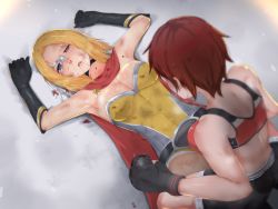 Rule 34 | 2girls, blonde hair, blood, blue eyes, boxing gloves, brown hair, bruise, cape, choker, commission, dead or alive, defeat, domino mask, female focus, fighting, injury, leotard, mask, mila (doa), mixed martial arts, multiple girls, nosebleed, open mouth, red cape, ryona, sports bra, strapless, strapless leotard, superhero costume, tecmo, tina armstrong, torn clothes, yotaka (d8spc4r3)