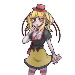 Rule 34 | 1girl, bag, bandaged arm, bandaged wrist, bandages, blonde hair, blunt bangs, blush, bow, bowtie, cellphone, collared shirt, cracked screen, don&#039;t touch me (project moon), earrings, eyepatch, frilled shirt, frills, hand on own face, hand up, hat, high collar, holding, holding phone, huyusaki taiga, jewelry, lipstick, lobotomy corporation, long hair, makeup, mini hat, mini top hat, multicolored hair, nail polish, no symbol, personification, phone, project moon, red hair, shirt, shirt tucked in, short sleeves, shoulder bag, smartphone, smile, solo, streaked hair, striped clothes, striped thighhighs, symbol-shaped pupils, thick eyebrows, thighhighs, top hat, twintails, two-tone hair, v-shaped eyebrows, w, waist bow