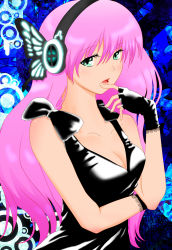 Rule 34 | 1girl, bow, breasts, bug, butterfly, cleavage, fingerless gloves, gloves, green eyes, headphones, highres, bug, long hair, magnet (vocaloid), medium breasts, megurine luka, pink hair, skin tight, solo, vocaloid