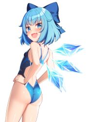 Rule 34 | 1girl, ass, bare arms, bare legs, bare shoulders, blue bow, blue eyes, blue hair, blue one-piece swimsuit, blush, bow, breasts, cirno, competition swimsuit, cowboy shot, detached wings, fairy, fang, hair bow, ice, ice wings, kouzuki tsubasa (musou kaidou), looking at viewer, one-piece swimsuit, open mouth, second-party source, short hair, skin fang, small breasts, smile, solo, swimsuit, touhou, transparent background, wings
