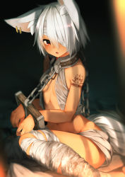 Rule 34 | 1girl, animal ears, bandage over one eye, bandaged leg, bandages, blush, chain, collarbone, earrings, fang, hair between eyes, highres, jewelry, looking at viewer, navel, original, red eyes, rerrere, restrained, short hair, sitting, slave, solo, stocks, tail, tattoo, white hair, wolf ears, wolf tail