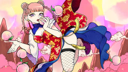 Rule 34 | 1girl, blush, braid, cherry blossoms, chinese clothes, cloud, detached collar, double bun, dress, fishnet thighhighs, fishnets, food, fruit, hair bun, hime cut, looking at viewer, maria (garnidelia), mini (minimilk), mountain, mountainous horizon, open mouth, pantyhose, pantyhose around one leg, peach, pink hair, pink sky, purple eyes, real life, red dress, sky, solo, song request, thighhighs