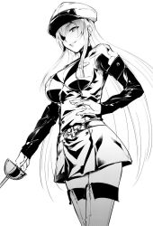 Rule 34 | 10s, 1girl, akame ga kill!, belt, boots, breasts, cleavage, cowboy shot, esdeath, greyscale, hat, large breasts, long hair, monochrome, pantyhose, rapier, simple background, smile, solo, sword, thighhighs, tomohiro kai, uniform, weapon, white background