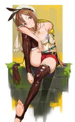 Rule 34 | 1girl, atelier (series), atelier ryza, atelier ryza 1, belt, blush, breasts, bridal legwear, brown eyes, brown hair, cleavage, flask, foot focus, full body, grin, hat, highres, jewelry, kare huang, large breasts, leg up, looking at viewer, necklace, red shorts, reisalin stout, round-bottom flask, short shorts, shorts, sitting, smile, solo, star (symbol), star necklace, stirrup legwear, thighhighs, thighs, toe ring, toeless legwear, white hat