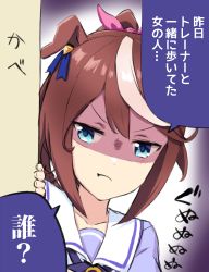Rule 34 | 1girl, :t, animal ears, blouse, blue eyes, blue shirt, brown hair, closed mouth, commentary request, engiyoshi, hair ribbon, high ponytail, highres, horse ears, long hair, looking at viewer, multicolored hair, peeking out, pink ribbon, ponytail, pout, puffy sleeves, purple shirt, ribbon, school uniform, shaded face, shirt, solo, streaked hair, tokai teio (umamusume), tracen school uniform, translation request, umamusume, upper body, v-shaped eyebrows, white hair