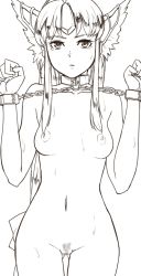 Rule 34 | 1girl, animal ears, bdsm, bondage, bound, breasts, breasts apart, censored, chain, collar, cowboy shot, crying, crying with eyes open, cuffs, cuffs-to-collar, female pubic hair, gus (clarkii), handcuffs, long hair, looking at viewer, low-tied long hair, monochrome, mosaic censoring, nipples, pubic hair, riesz, seiken densetsu, seiken densetsu 3, sidelocks, simple background, slave, small breasts, solo, sparse pubic hair, standing, sweat, tears, very long hair, white background
