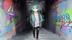 Rule 34 | 1girl, aqua eyes, aqua hair, bad id, bad pixiv id, black pants, closed mouth, collarbone, english text, graffiti, hands in pockets, hatsune miku, heart, hood, hooded jacket, jacket, jewelry, long hair, looking away, low twintails, maerchen noir, necklace, open clothes, open jacket, pants, shirt, shoes, solo, stairs, torn clothes, twintails, unzipped, very long hair, vocaloid, white shirt