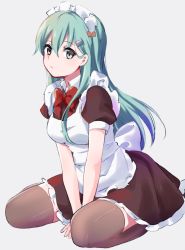 Rule 34 | 1girl, alternate costume, apron, aqua eyes, aqua hair, between legs, breasts, brown thighhighs, closed mouth, commentary request, enmaided, frills, hair between eyes, hair ornament, hairclip, hand between legs, ica, kantai collection, long hair, looking at viewer, maid, maid apron, maid headdress, medium breasts, puffy sleeves, short sleeves, sitting, solo, suzuya (kancolle), thighhighs, wariza