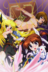 Rule 34 | 3girls, armor, belt, blonde hair, blue eyes, bodysuit, breasts, brown hair, buckle, censored, chair, convenient censoring, covered erect nipples, fate testarossa, fate testarossa (sonic form), hair ribbon, lyrical nanoha, magical girl, mahou shoujo lyrical nanoha, mahou shoujo lyrical nanoha a&#039;s, mahou shoujo lyrical nanoha the movie 2nd a&#039;s, master woo, medium breasts, multiple girls, nude, open mouth, puffy sleeves, purple eyes, raising heart, red eyes, ribbon, short twintails, skin tight, takamachi nanoha, takamachi nanoha (exelion mode), tome of the night sky, twintails, yagami hayate