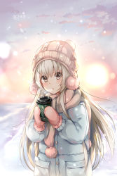 Rule 34 | 1girl, ahoge, backlighting, beanie, blonde hair, blue coat, blush, breasts, breath, brown eyes, cloud, coat, cup, day, hat, holding, holding cup, long hair, long sleeves, looking at viewer, medium breasts, mittens, noodle-y, original, outdoors, parted lips, pocket, scarf, snowing, solo, sunlight, tareme, upper body, very long hair, winter, winter clothes, winter coat
