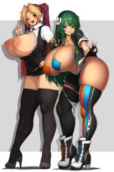 Rule 34 | 2girls, absurdres, blonde hair, boots, breasts, breasts out, clothes, collar, curvy, female focus, full body, green hair, heels, highres, huge breasts, large areolae, long hair, looking at viewer, makino momiji (artist), multicolored hair, multiple girls, nipples, one eye closed, open clothes, open mouth, original, panties, pasties, purple hair, red eyes, simple background, smile, standing, star pasties, thick thighs, thigh boots, thighhighs, thighs, twintails, underwear, white panties, wide hips