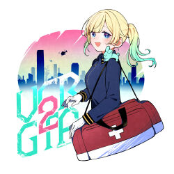 Rule 34 | 1girl, aircraft, aizawa ema, alternate costume, alternate hairstyle, bag, blonde hair, blue eyes, blue hair, blunt bangs, breasts, cityscape, duffel bag, gloves, gradient hair, grand theft auto, grand theft auto v, hair flaps, haremoto, helicopter, highres, light blush, long hair, looking at viewer, multicolored hair, open mouth, paramedic, ponytail, smile, solo, sweater, swept bangs, twitter username, virtual youtuber, vspo!, white gloves