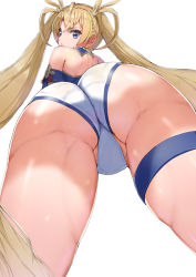 Rule 34 | 1girl, ahoge, ass, ass focus, bad id, bad pixiv id, bare shoulders, blonde hair, blue eyes, bradamante (fate), bradamante (first ascension) (fate), braid, cowboy shot, crown braid, detached collar, fate/grand order, fate (series), from behind, from below, highres, huge ass, legs apart, leotard, long hair, looking at viewer, looking back, looking down, open mouth, panties, shiny clothes, shiny skin, sikijou77o, simple background, solo, standing, thighhighs, twintails, underwear, very long hair, white background