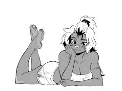 Rule 34 | 1girl, bandaid, bandaid on face, bandaid on nose, bangs pinned back, barefoot, beck shiloh, blush, breasts, camisole, cleavage, dark-skinned female, dark skin, dolphin shorts, full body, greyscale, highres, large breasts, looking at viewer, lying, monochrome, multicolored hair, multiple scars, nose blush, on stomach, original, pac-man eyes, scar, scar on leg, short hair, short ponytail, shorts, soles, solo, spaghetti strap, spicymancer, strap slip, the pose, toes, too many, too many scars, two-tone hair