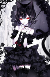 Rule 34 | 1girl, animal ears, artist name, bare shoulders, black choker, black dress, black hair, black theme, black thighhighs, black umbrella, cat ears, choker, commentary, cowboy shot, dress, garter straps, hands up, highres, holding, holding umbrella, looking at viewer, nail polish, off-shoulder dress, off shoulder, original, puffy short sleeves, puffy sleeves, red eyes, red nails, sheya, short hair, short sleeves, signature, solo, standing, symbol-only commentary, thighhighs, umbrella