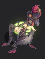 Rule 34 | 1girl, bare shoulders, belt, bewitching janna, black background, black gloves, black hat, black thighhighs, breasts, brown belt, female focus, female pubic hair, full body, glasses, gloves, gradient background, hand up, hat, highres, janna (league of legends), large breasts, league of legends, long hair, looking at viewer, lying, nipples, on back, outline, pubic hair, pussy, red hair, round eyewear, shuuko (s h uuko), smile, solo, spread legs, striped clothes, striped thighhighs, thighhighs, tongue, tongue out, white outline, witch hat