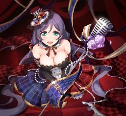 Rule 34 | 10s, 1girl, absurdly long hair, aqua eyes, bare shoulders, black gloves, breasts, cafe maid (love live!), cleavage, detached collar, dress, elbow gloves, flower, gloves, hair ribbon, hat, large breasts, long hair, looking at viewer, love live!, love live! school idol festival, love live! school idol project, low twintails, microphone, microphone stand, mini hat, multicolored clothes, multicolored dress, open mouth, pink flower, pink rose, purple dress, purple hair, red dress, ribbon, rose, smile, solo, strapless, strapless dress, tojo nozomi, twintails, very long hair, x2