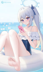 Rule 34 | 1girl, barefoot, blue archive, blue halo, blue one-piece swimsuit, blue sky, blurry, blurry background, closed mouth, commentary request, day, feet, halo, highres, holding, holding phone, icwine, knees together feet apart, long hair, looking at viewer, miyako (blue archive), miyako (swimsuit) (blue archive), ocean, official alternate costume, one-piece swimsuit, outdoors, phone, ponytail, purple eyes, sky, soles, solo, swimsuit, toes, twitter username
