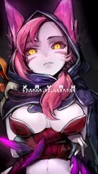 Rule 34 | 1girl, animal ears, breasts, chinese commentary, commentary request, ejami, facial mark, highres, hood, league of legends, long hair, looking at viewer, simple background, solo, xayah, yellow eyes