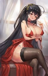 Rule 34 | 1girl, ahoge, artist request, azur lane, black hair, black thighhighs, blush, breasts, choker, cleavage, cocktail dress, crossed legs, curtains, dress, hair between eyes, highres, large breasts, long hair, looking at viewer, mole, mole on thigh, naughty face, official alternate costume, red choker, red dress, red eyes, saliva, saliva trail, smile, solo, taihou (azur lane), taihou (forbidden feast) (azur lane), thighhighs, tongue, tongue out, very long hair, window