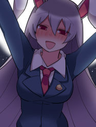Rule 34 | 1girl, animal ears, arms up, blazer, blush, rabbit ears, commentary request, dress shirt, hammer (sunset beach), jacket, light purple hair, long hair, looking at viewer, necktie, open mouth, red eyes, reisen udongein inaba, shirt, smile, solo, touhou, upper body