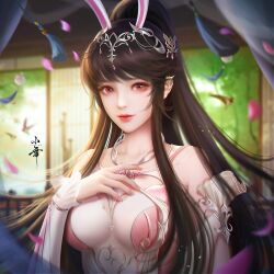 Rule 34 | 1girl, animal ears, artist request, bird, brown hair, closed mouth, collar, curtains, douluo dalu, dress, falling petals, hair ornament, hand on own chest, highres, indoors, long hair, metal collar, open window, petals, pink dress, pink eyes, ponytail, rabbit ears, second-party source, smile, solo, tassel, window, xiao wu (douluo dalu)