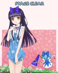 Rule 34 | 2girls, black hair, blue hair, blue panties, bottomless, bow, bow panties, cirno, clothes theft, clothes tug, dress, dress tug, hair bow, highres, long hair, multiple girls, panties, unworn panties, short hair, star (symbol), star print, star sapphire, theft, touhou, tucana, underwear, underwear theft, undressing, wings, yellow eyes