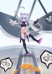 Rule 34 | 1girl, animal ears, bandaged arm, bandages, bare shoulders, belt, black thighhighs, breasts, cleavage cutout, clothing cutout, fate/apocrypha, fate/grand order, fate (series), gloves, green eyes, grey hair, jack the ripper (fate/apocrypha), looking at viewer, mouse ears, mouse tail, navel, nzz, scar, scar on face, short hair, single glove, small breasts, solo, standing, standing on one leg, tail, tattoo, thighhighs