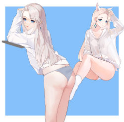 Rule 34 | 1girl, a-soul, absurdres, animal ears, arm up, blonde hair, blue background, blue eyes, border, closed mouth, earrings, eileen (a-soul), from behind, gong cha, grey panties, highres, jewelry, long hair, long sleeves, looking at viewer, looking to the side, multiple views, no pants, outside border, panties, see-through silhouette, shirt, sitting, socks, standing, underwear, very long hair, virtual youtuber, white border, white panties, white shirt, white socks