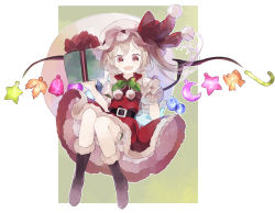 Rule 34 | 1girl, blonde hair, boots, bow, brown footwear, fang, flandre scarlet, fur boots, hat, hat bow, md5 mismatch, red eyes, resolution mismatch, santa boots, santa costume, shihou (g-o-s), side ponytail, snow boots, solo, source larger, touhou, wings