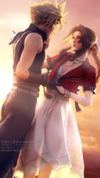Rule 34 | 1boy, 1girl, 3d, aerith gainsborough, armor, belt, blonde hair, bracelet, braid, breasts, brown hair, choker, cloud strife, couple, cropped jacket, dress, final fantasy, final fantasy vii, final fantasy vii remake, gloves, green eyes, hair ribbon, hand on another&#039;s cheek, highres, holding hands, jacket, jewelry, long dress, medium breasts, necklace, parted bangs, pink dress, pink ribbon, red jacket, ria-neearts, ribbon, shoulder armor, sidelocks, sleeveless, sleeveless turtleneck, spiked hair, square enix, sunset, suspenders, turtleneck, upper body, wavy hair