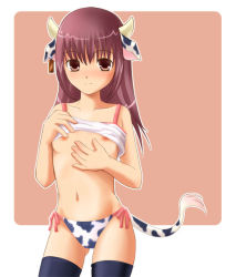 Rule 34 | 1girl, animal ears, animal print, black thighhighs, blush, breasts, camisole, clothes lift, cow ears, cow girl, cow print, cow tail, horns, navel, nipples, panties, print panties, purple hair, red hair, shirt lift, side-tie panties, small breasts, solo, tail, thighhighs, underwear
