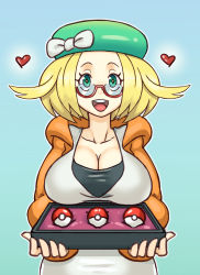 Rule 34 | 1girl, absurdres, beret, bianca (pokemon), blonde hair, blue background, bow, breasts, cleavage, collarbone, creatures (company), female focus, game freak, glasses, green eyes, green hat, hands up, happy, hat, hat bow, heart, highres, holding, hood, hooded jacket, jacket, large breasts, looking at viewer, nauth, nintendo, open mouth, orange jacket, outline, poke ball, poke ball (basic), pokemon, pokemon bw2, red-framed eyewear, shirt, short hair, simple background, smile, solo, standing, straight-on, teeth, undershirt, upper body, white bow, white outline, white shirt