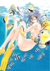 Rule 34 | 1girl, air bubble, ass, blue eyes, blue hair, breasts, bubble, diving mask, fish, floating hair, goggles, highres, holding breath, long hair, looking at viewer, matching hair/eyes, nude, oogure ito, rie (silky whip), scuba, silky whip, snorkel, solo, traditional media, underwater, watch